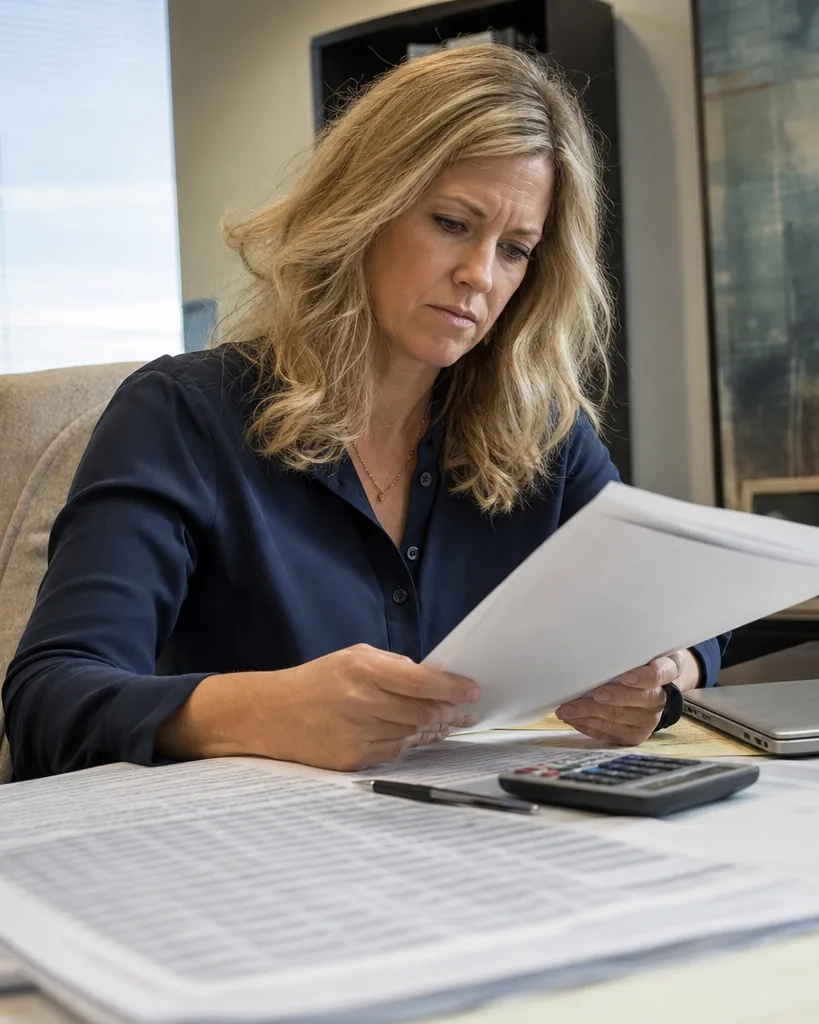 Audit partner reading a software order form at her desk with a calculator and a staffing sheet