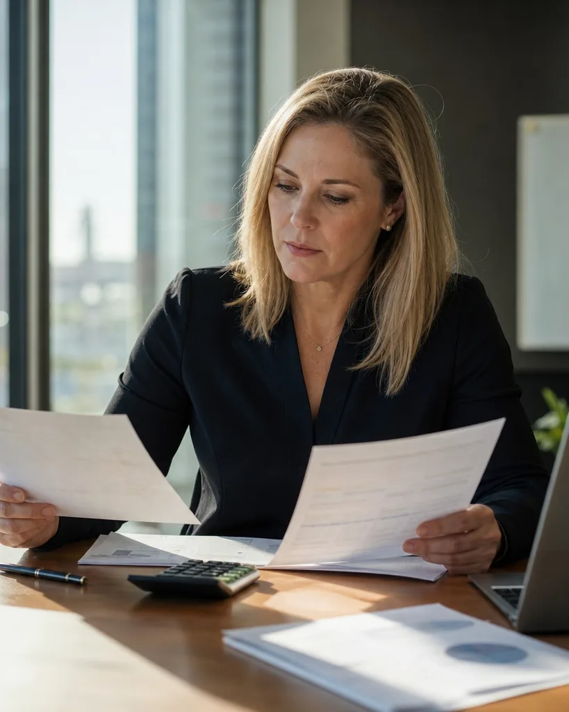 Finance lead comparing a software quote with a printed budget at a conference table
