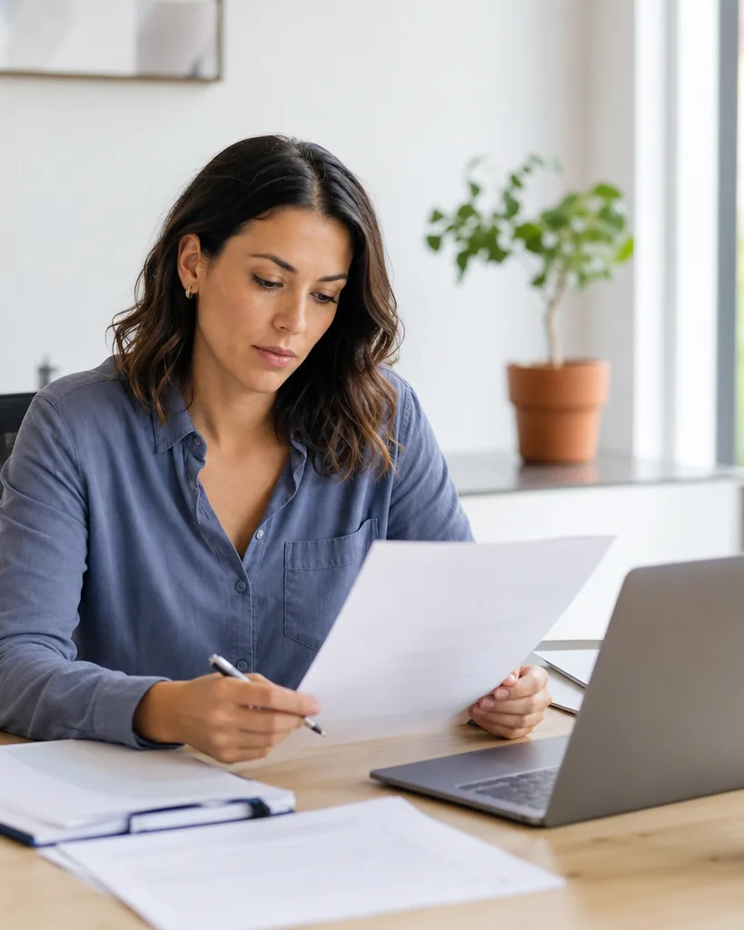 Startup founder reviewing a printed monthly financial statement at her desk