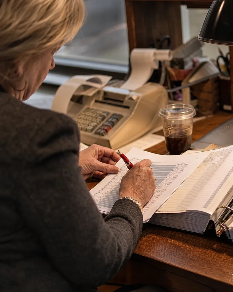Close view of a partner's hands marking up a printed audit software quote beside a ledger binder and a desk calculator