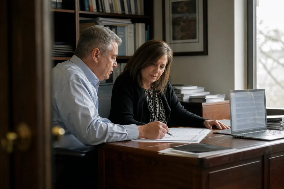 Two partners at a small CPA firm reviewing a draft set of financial statements at a shared desk