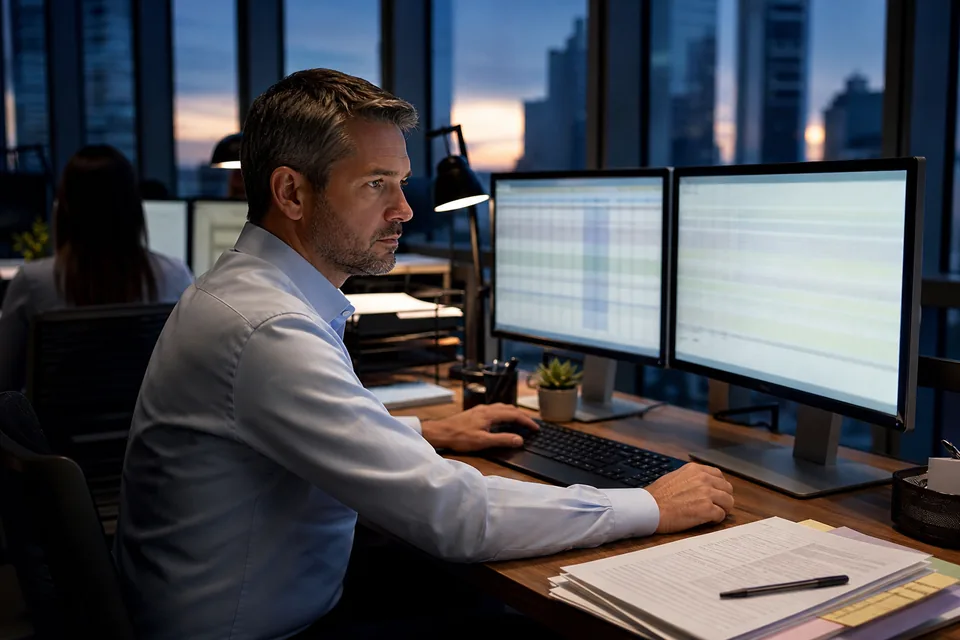 Controller reviewing month-end close numbers on two monitors in an open-plan finance office